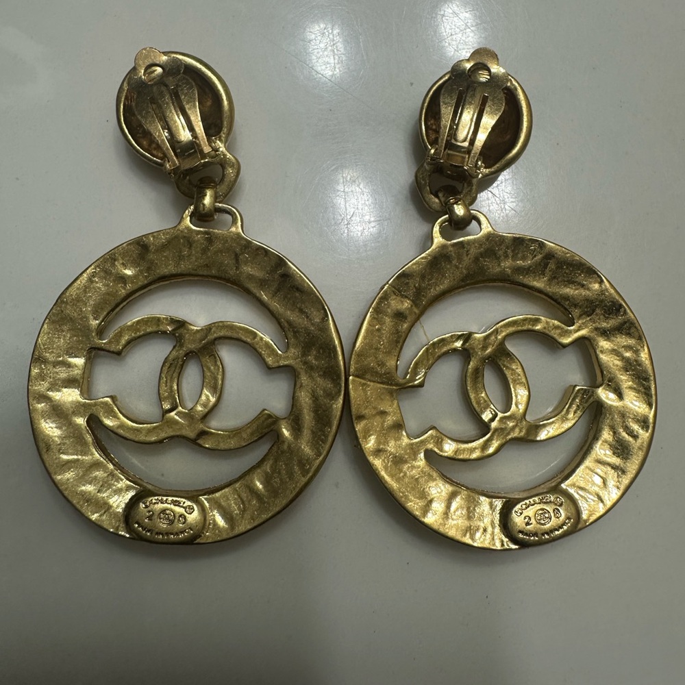 CHANEL Gold-Tone Circular CC Drop Earrings - Picture 2 of 3